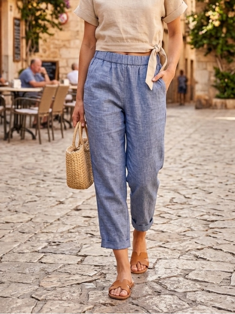 Rachel Roy Linen Capri Size S Blue Elastic Waist Pockets Pull-On Cuffed